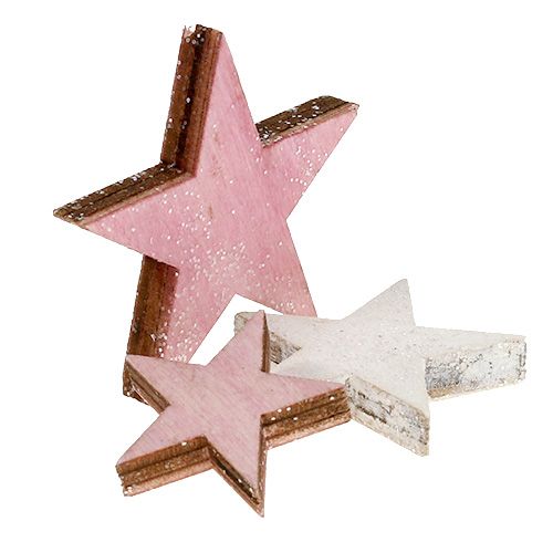 Floristik24 Étoile en bois 3-5cm rose/blanc avec paillettes 24 pcs