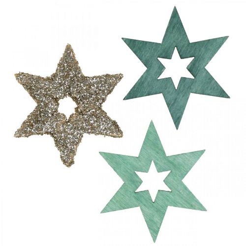 Article Décoration à disperser étoile en bois vert, mélange de poinsettias pailletés 4cm 72 pcs