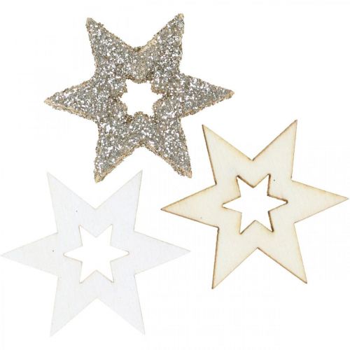 Floristik24 Décoration à disperser étoile en bois naturel, paillettes, blanc 4cm assorti 72 pcs
