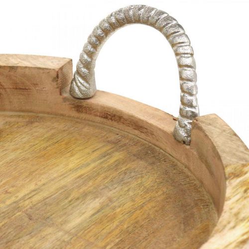 Floristik24 Plateau avec poignées en métal, décor bois rond en bois véritable, métal naturel, argenté Ø31cm