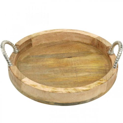 Floristik24 Plateau avec poignées en métal, décor bois rond en bois véritable, métal naturel, argenté Ø31cm