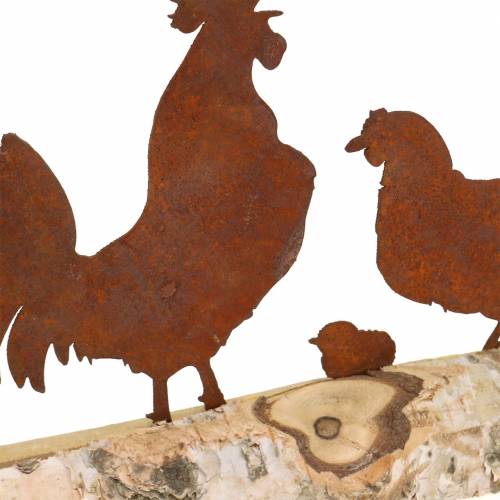 Article Famille de poulet métal rouille sur socle bois bouleau 32cm H15.5cm