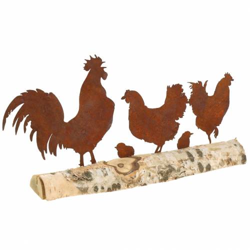 Floristik24 Famille de poulet métal rouille sur socle bois bouleau 32cm H15.5cm