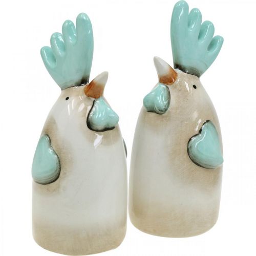 Article Céramique Coq Cuisine Déco Poulet Blanc Bleu Marron H14.5cm 2pcs