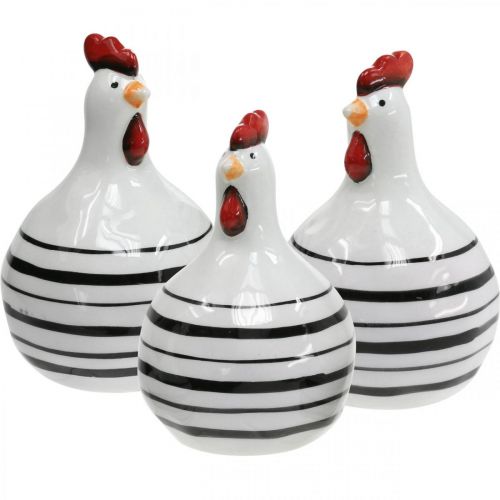 Article Poule déco en céramique blanche à rayures noires ronde Ø 7cm H11cm 3pcs