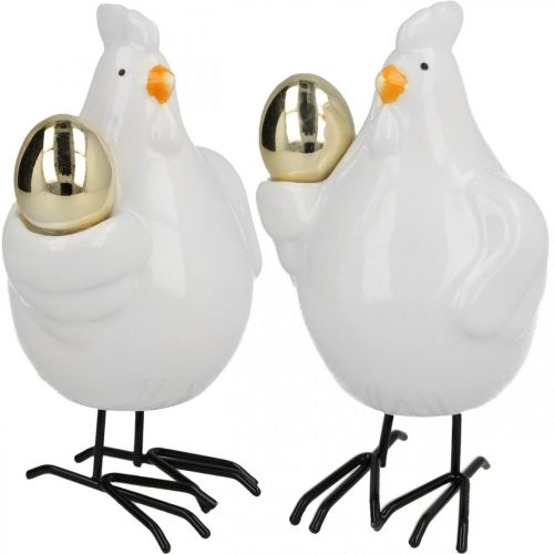 Floristik24 Poule décorative avec oeuf doré, figurine de Pâques en porcelaine, décoration de Pâques poule H12cm 2pcs