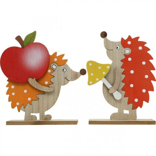 Figurine d'automne, hérisson avec pomme et champignon, décoration bois orange/rouge H24/23,5cm lot de 2