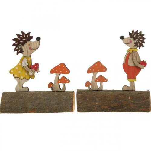 Article Hérisson aux champignons Figurine d&#39;automne hérisson en bois Jaune/Orange H11cm Lot de 6