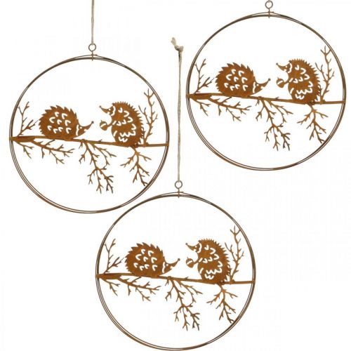 Article Pendentif en métal, hérisson sur branche, décoration automne, anneau décoratif, cadre en acier inoxydable Ø15.5cm 3pcs