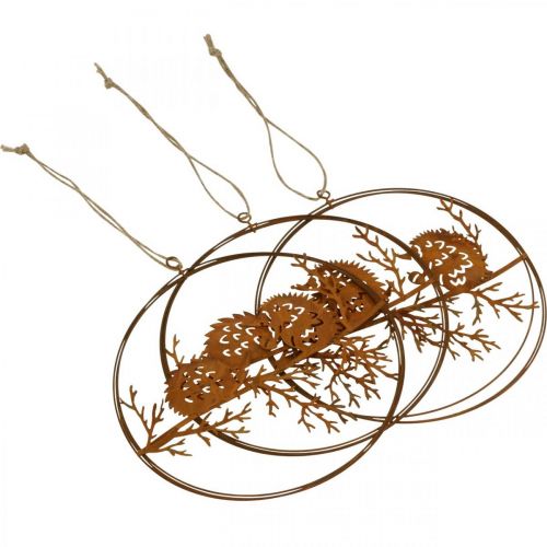 Article Suspension en métal, hérisson sur branche, décoration automne, anneau décoratif patiné Ø15,5cm 3 pièces