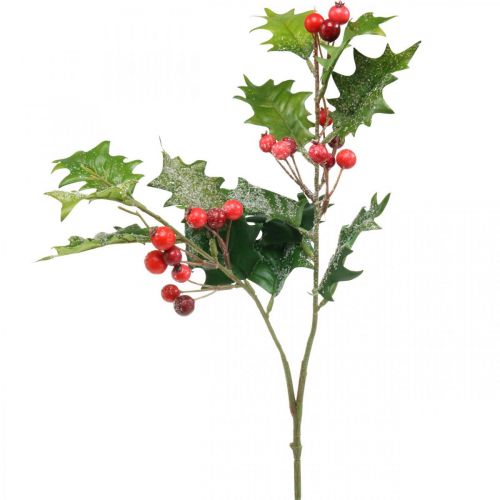 Floristik24 Branche de houx artificielle, baies d'hiver, décorations de Noël, houx enneigé vert, rouge L63cm