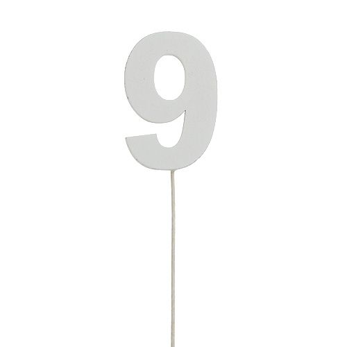 Floristik24 Numéro anniversaire &quot;9&quot; sur le bâton blanc L27cm 10pcs