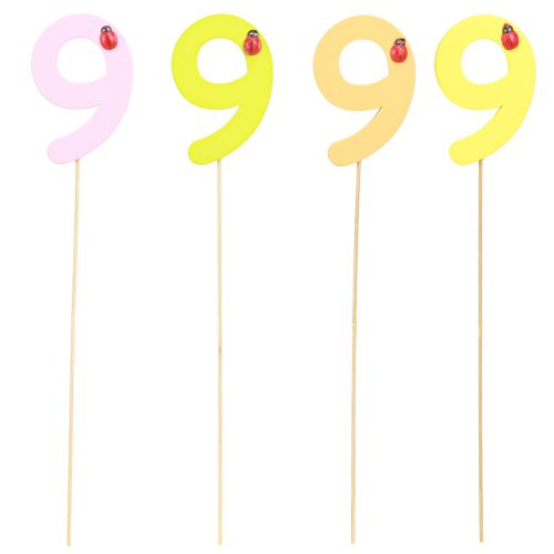 Article Chiffre d&#39;anniversaire «9» sur le bâton, bouchons numérotés en bois coloré 7,5cm 16 pièces