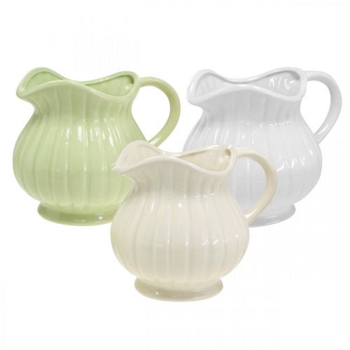 Floristik24 Vase déco, cruche avec anse en céramique vert, blanc, crème H14,5cm 3pcs