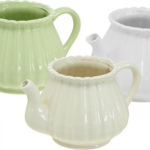 Article Cafetière décorative en céramique, cache-pot vert, blanc, crème L19cm Ø7.5cm