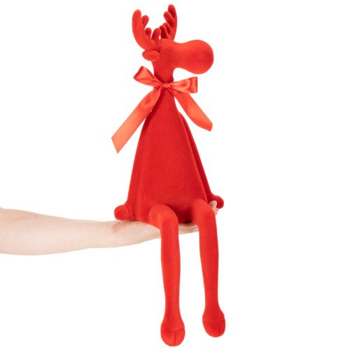 Figurine décorative d'élan avec nœud, assis, floqué, à poser sur une étagère, 54 cm | Floristik24.be