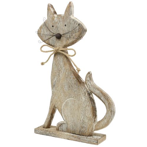 Figurine en bois chat nature, blanc 37cm