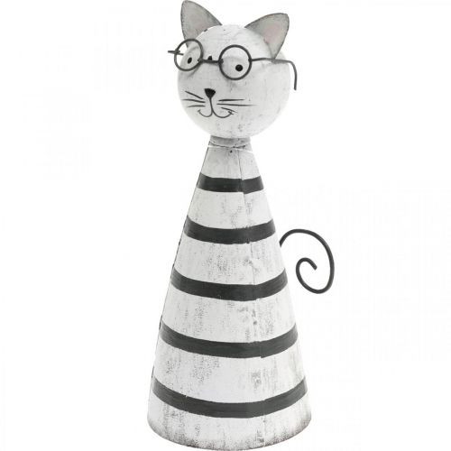 Floristik24 Chat à lunettes, figurine décorative à poser, figurine chat en métal noir et blanc H16cm Ø7cm