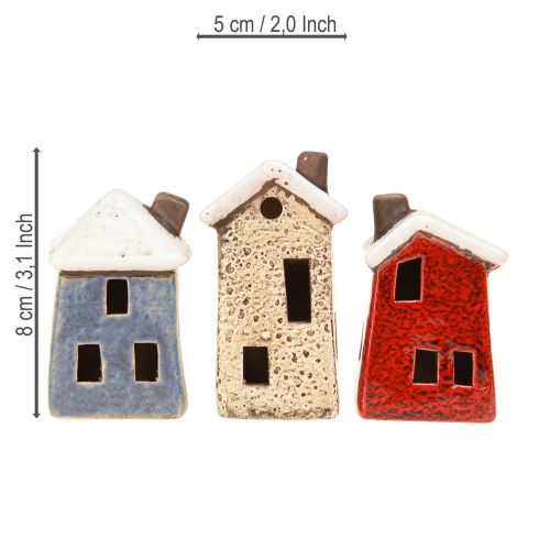 Article Décoration de l'Avent en céramique, maison crème rouge gris 8,5/9,5 cm, 3 pièces