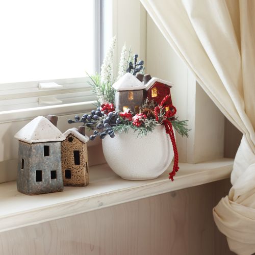 Décoration de l&#39;Avent en céramique, maison crème rouge gris 8,5/9,5 cm, 3 pièces
