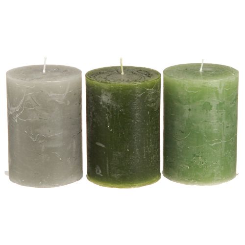 Bougies vert 3 couleurs piliers unis 70x100mm 12 pcs