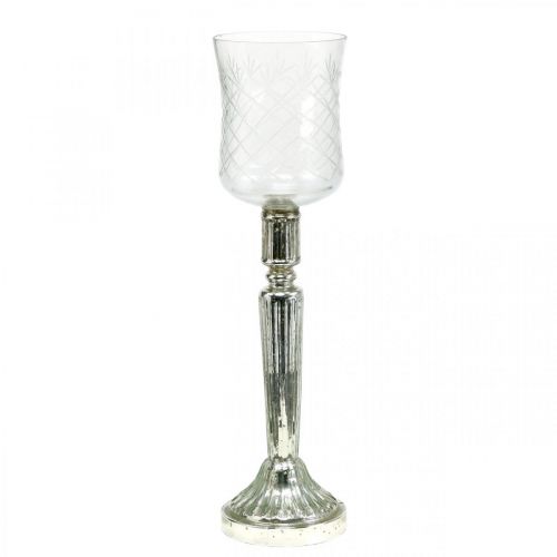 Lanterne Bougeoir en Verre Aspect Antique Argent Ø11.5cm H42.5cm