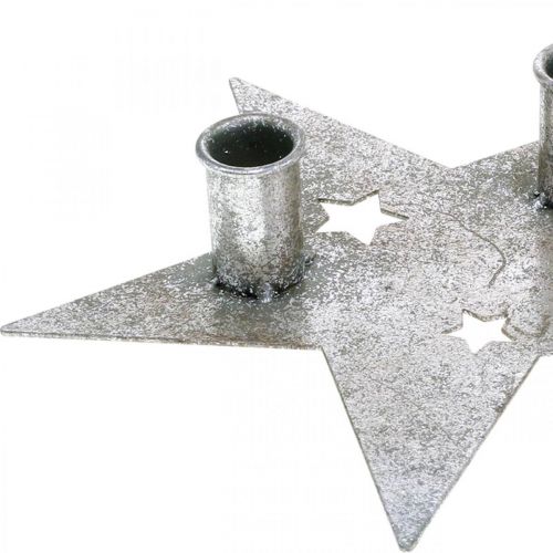 Article Bougie décoration étoile, décoration métal, bougeoir pour 2 bougies coniques argent, aspect antique 23cm × 22cm