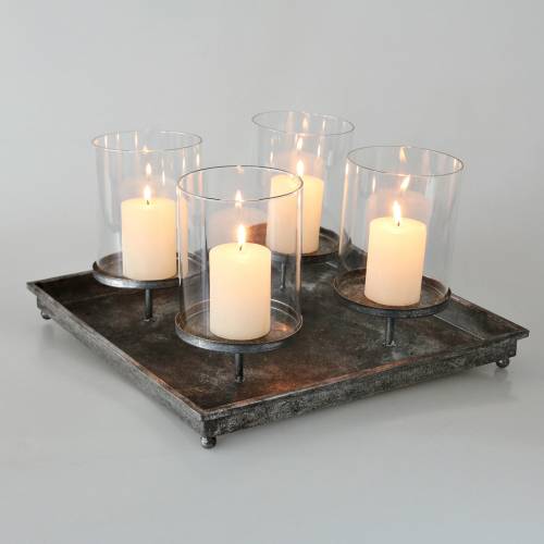 Floristik24 Plateau de l&#39;Avent avec 4 bougeoirs 40×40cm aspect antique métal/verre argent