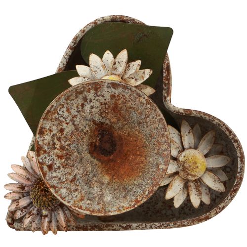 Article Bougeoir métal coeur avec fleurs photophore vintage rouille 14×13cm