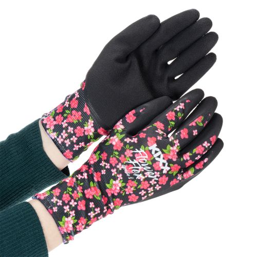 Article Gants de jardin Kixx, noirs à fleurs roses, taille 8