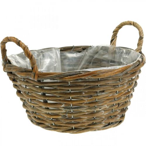 Décoration florale, panier en bois avec anses, jardinière naturel, blanc lavé H12cm Ø24cm