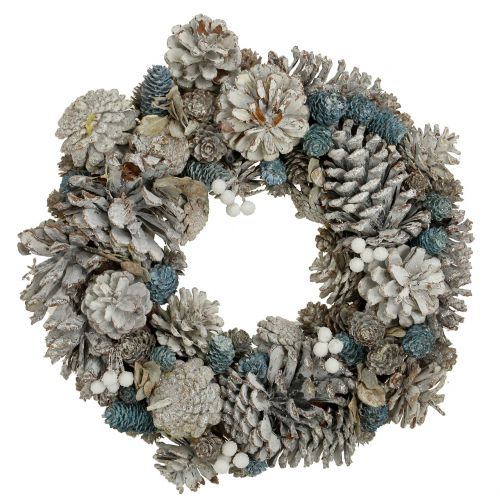 Floristik24 Couronne de cônes avec paillettes blanc, bleu, naturel Ø32cm