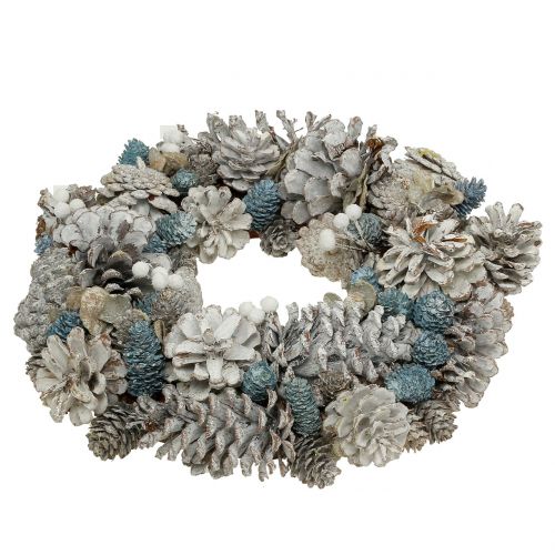 Floristik24 Couronne de cônes avec paillettes blanc, bleu, naturel Ø32cm