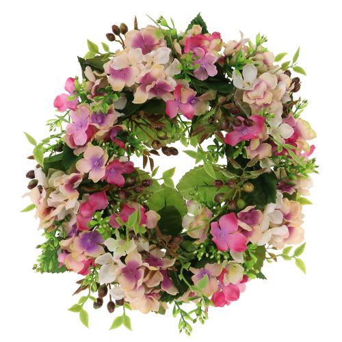 Couronne de fleurs avec hortensia et baies rose Ø30cm