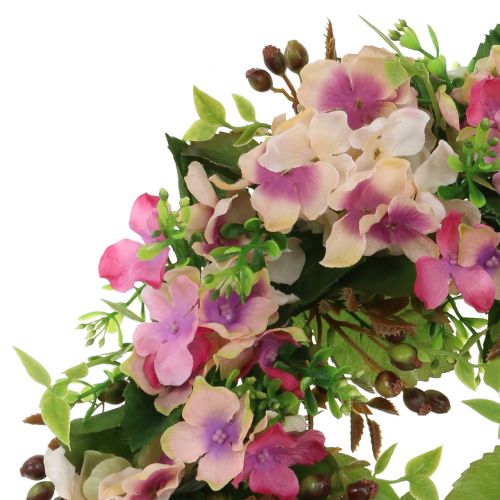 Couronne de fleurs aux hortensias et baies roses Ø30cm