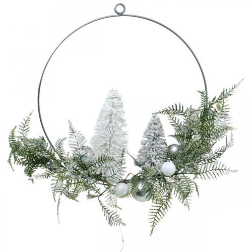 Floristik24 Couronne lumineuse avec sapins et boules, Avent, décoration hiver à accrocher, Anneau décoration LED argent L45cm Ø30cm