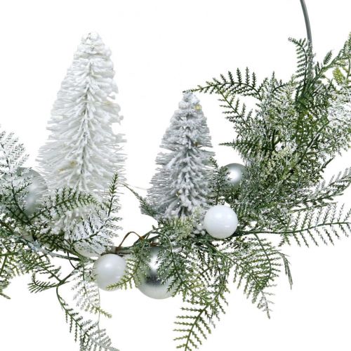 Floristik24 Couronne lumineuse avec sapins et boules, Avent, décoration hiver à accrocher, Anneau décoration LED argent L45cm Ø30cm