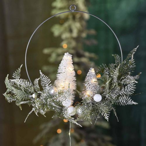 Floristik24 Couronne lumineuse avec sapins et boules, Avent, décoration hiver à accrocher, Anneau décoration LED argent L45cm Ø30cm