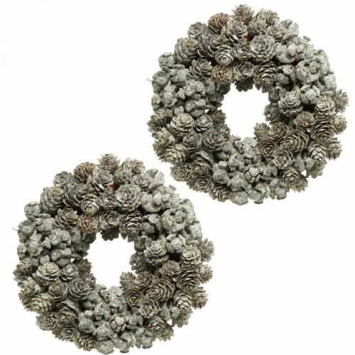 Floristik24 Déco couronne cônes mélèze et cyprès blanc, paillettes Ø20cm 2pcs