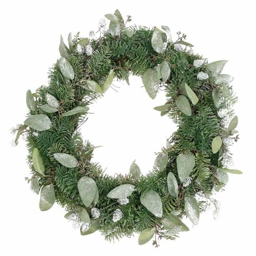 Couronne décorative eucalyptus et cônes artificiels Ø45cm vert, blanc