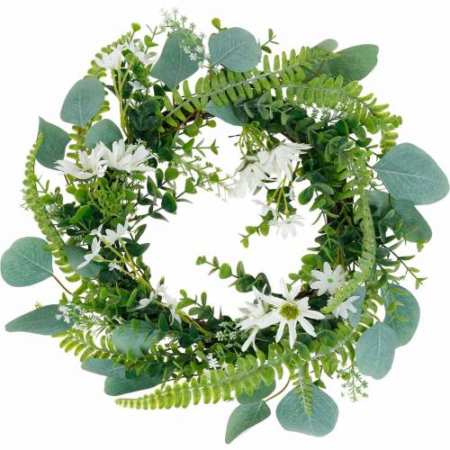 Article Couronne d&#39;eucalyptus artificielle avec fougère, marguerites du cap et jasmin, couronne de porte, couronne décorative, décoration de table