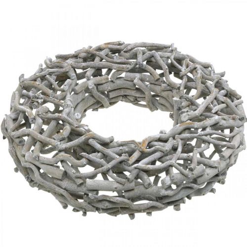 Article Couronne décorative en bois, gris cérusé, décoration de table couronne naturelle Ø50cm