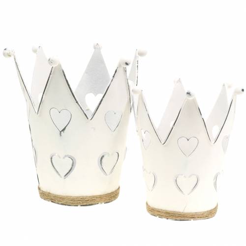 Floristik24 Pot zinc coeurs couronne lavé blanc Ø12/14cm 2pcs