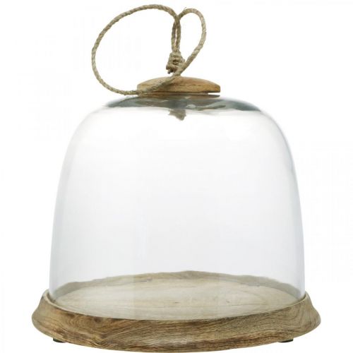 Cloche en verre avec plateau en bois, 15 cm de diamètre, Verre