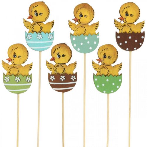 Floristik24 Décoration de Pâques poussin dans un œuf figurine décorative en bois sur bâton Pâques 7cm 12 pcs