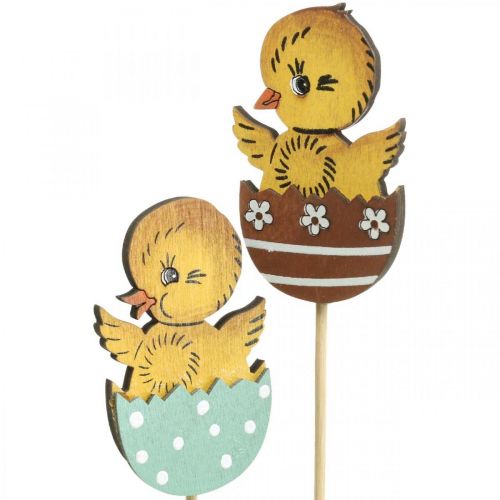 Article Décoration de Pâques poussin dans un œuf figurine décorative en bois sur bâton Pâques 7cm 12 pcs