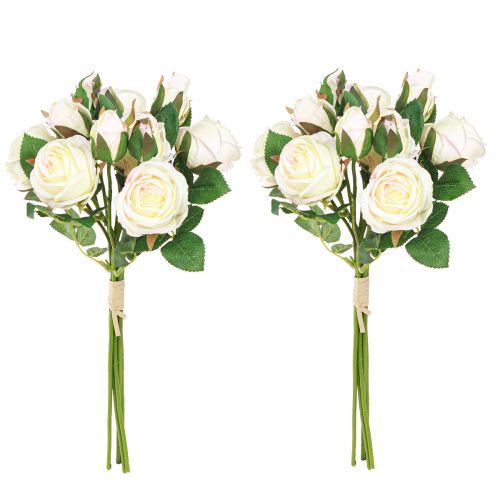 Article Bouquet de roses artificielles, fleurs artificielles, crème, 36 cm, 12 pièces