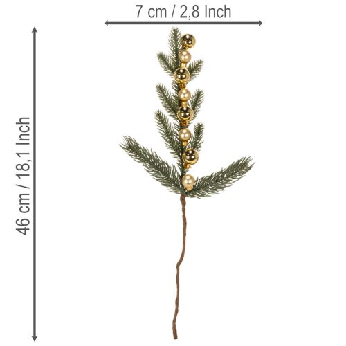 Branche de sapin artificielle avec mini boules de Noël dorées, 46 cm, 2 pièces | Floristik24.be