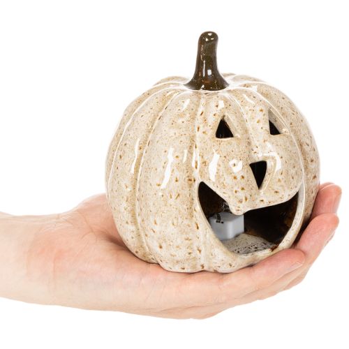 Décoration citrouille en céramique avec LED et visage souriant, 13 cm | Floristik24.be