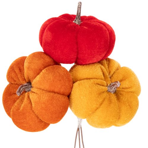 Citrouille décorative sur fil de fer, décoration d'automne, velours, ensemble tricolore, 8 cm, 9 pièces